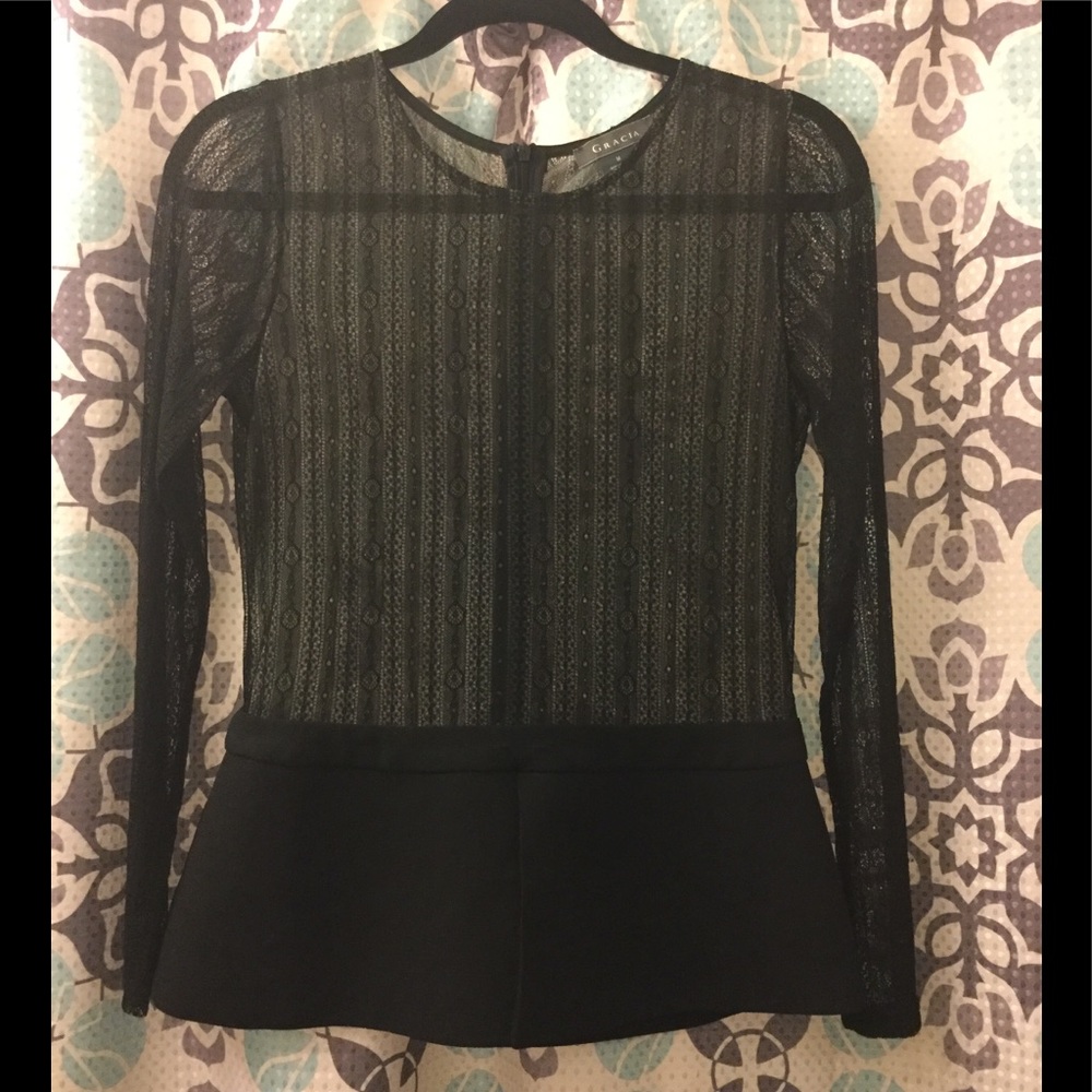 Black Gracia Lace Peplum Blouse Sz M